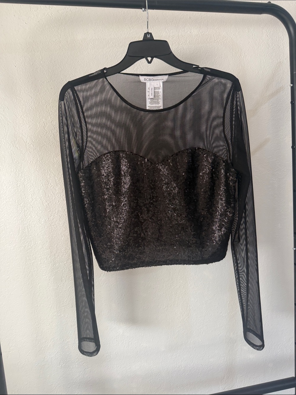 BCBGeneration Black Sequin & Mesh Long-Sleeve Crop Top 🖤